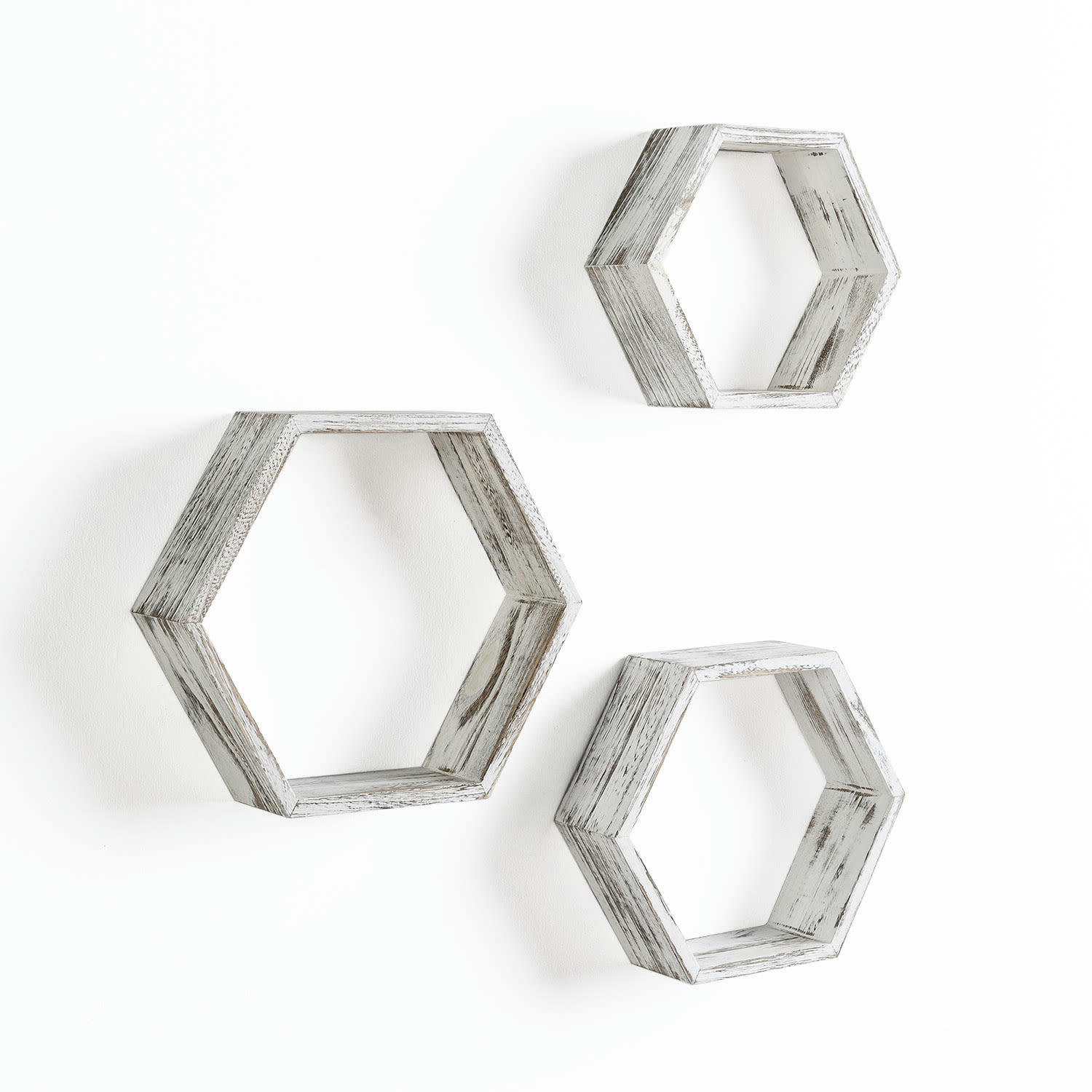 NUNO - Set de 3 Etagères murales hexagonales blanc, bois de paulownia