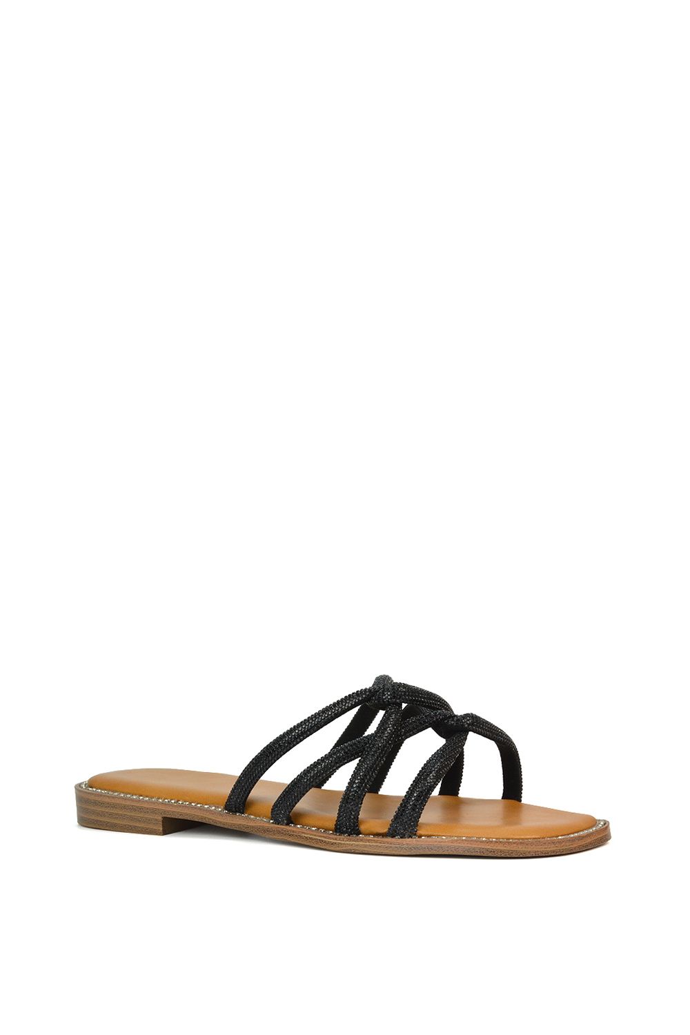 XY London Sofia' Strappy Diamante Trim Square Toe Flat Sandals