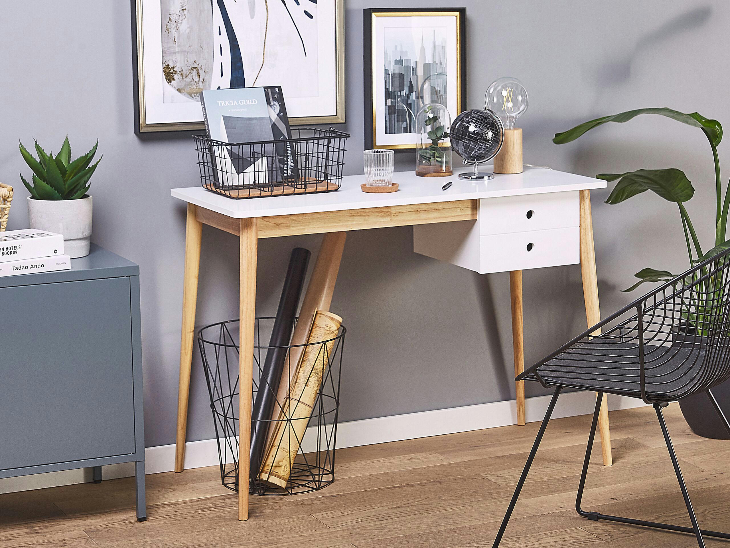 EBEME - Bureau effet bois clair blanc 106 x 48 cm avec 1 tiroir