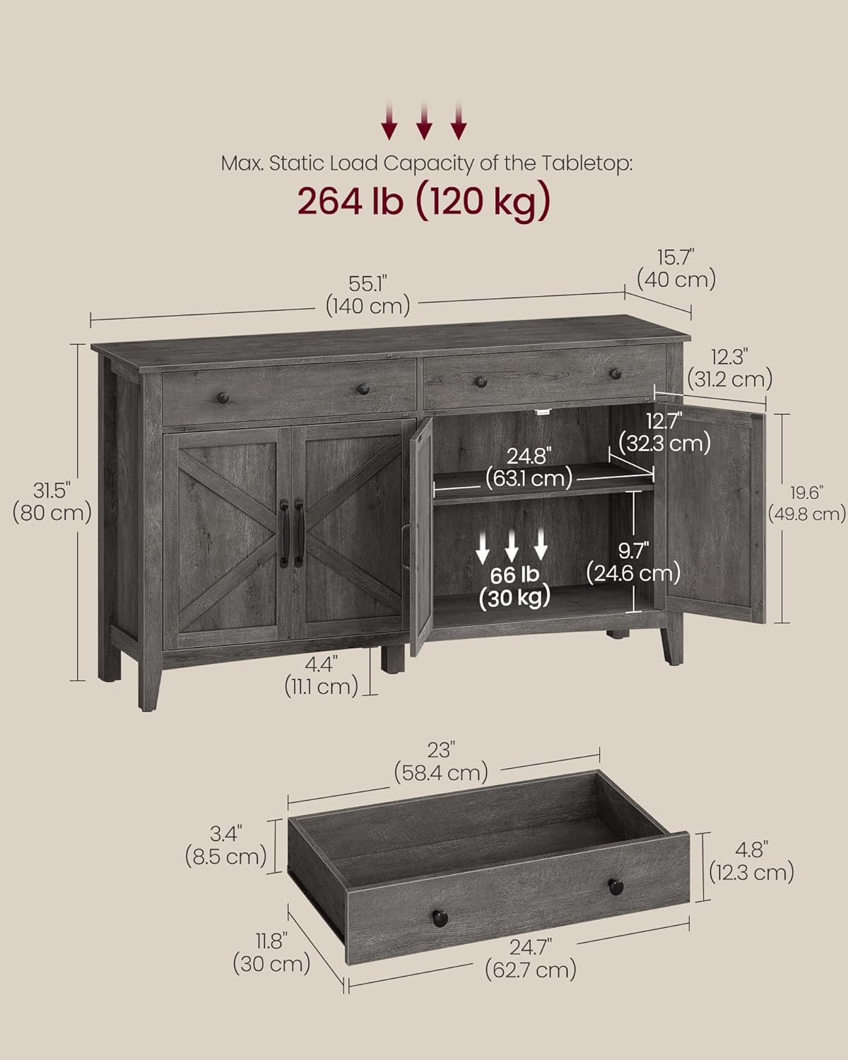 VASAGLE LIRY Collection - Buffet Cabinet, Coffee Bar Cabinet with 2 Drawers, Adjustable Shelves, Sideboard Storage with Cable Holes, Drawer Dividers, Misty Gray UBBK381GW01S