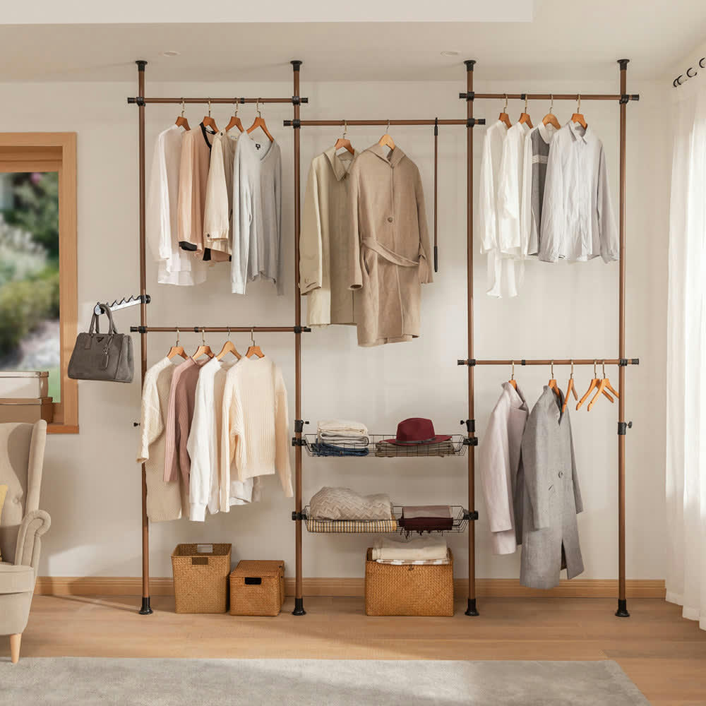 - Télescopique garde-robe 5 barres 2 paniers en métal marron