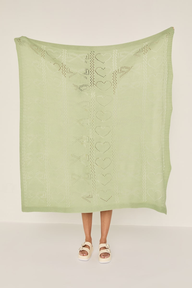 Bow and Heart Eyelet Knitted Blanket