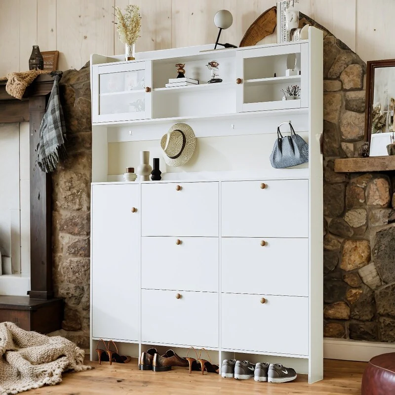 Modern Multifunctional Shoe Cabinet with Storage Shelf and 6 Flip Drawers, Hall Tree Elegant Foyer Cabinet with 4-Hooks, White