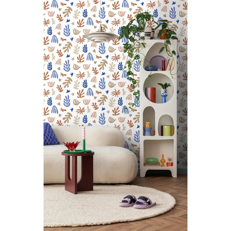 ESTAhome behang planten in Matisse stijl beige, terracotta en blauw