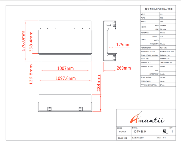 Amantii Smart 40" unit &ndash; 10 5/8" in depth 3 sided glass fireplace
