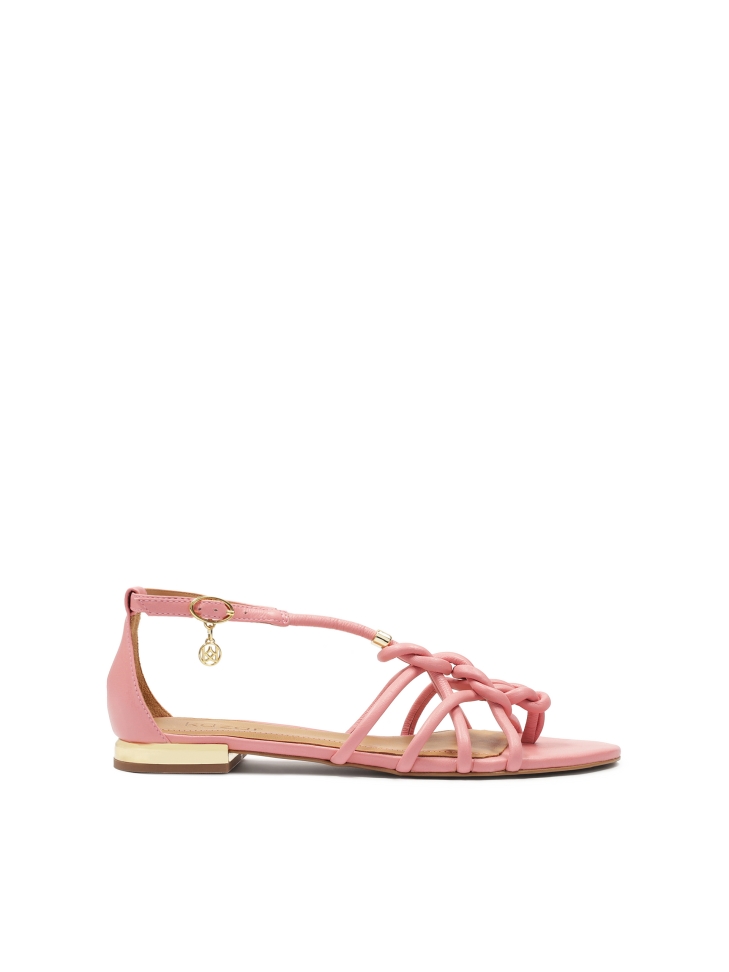 Pink sandals with flat gold heel