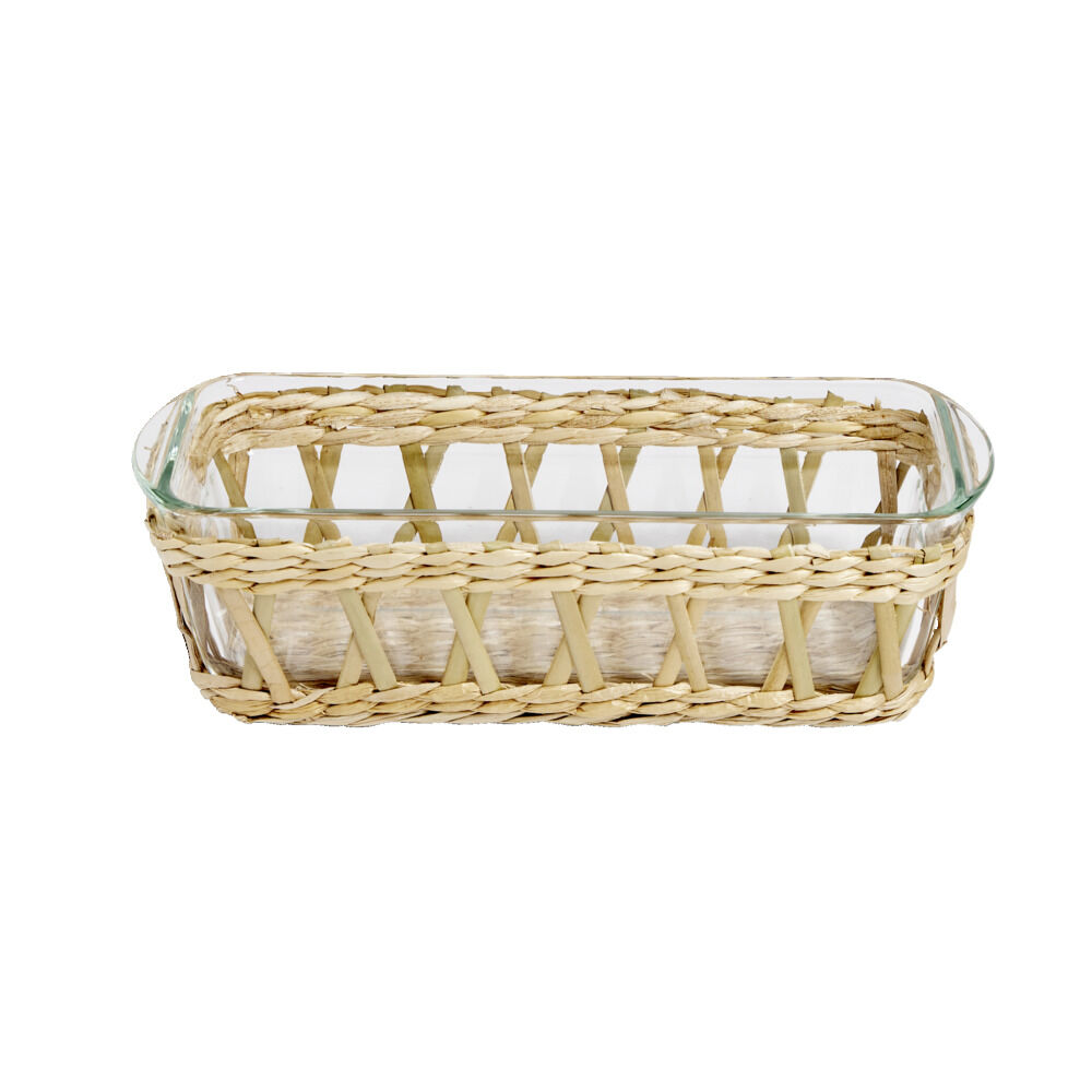Plat à four en verre transparent et déco raphia beige 28x11,5xH8,5cm