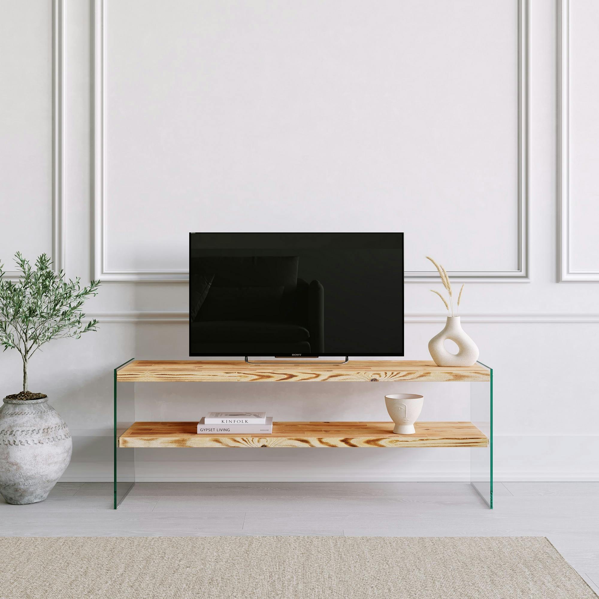 Meuble TV en bois clair et verre - 2 niveaux LHASA