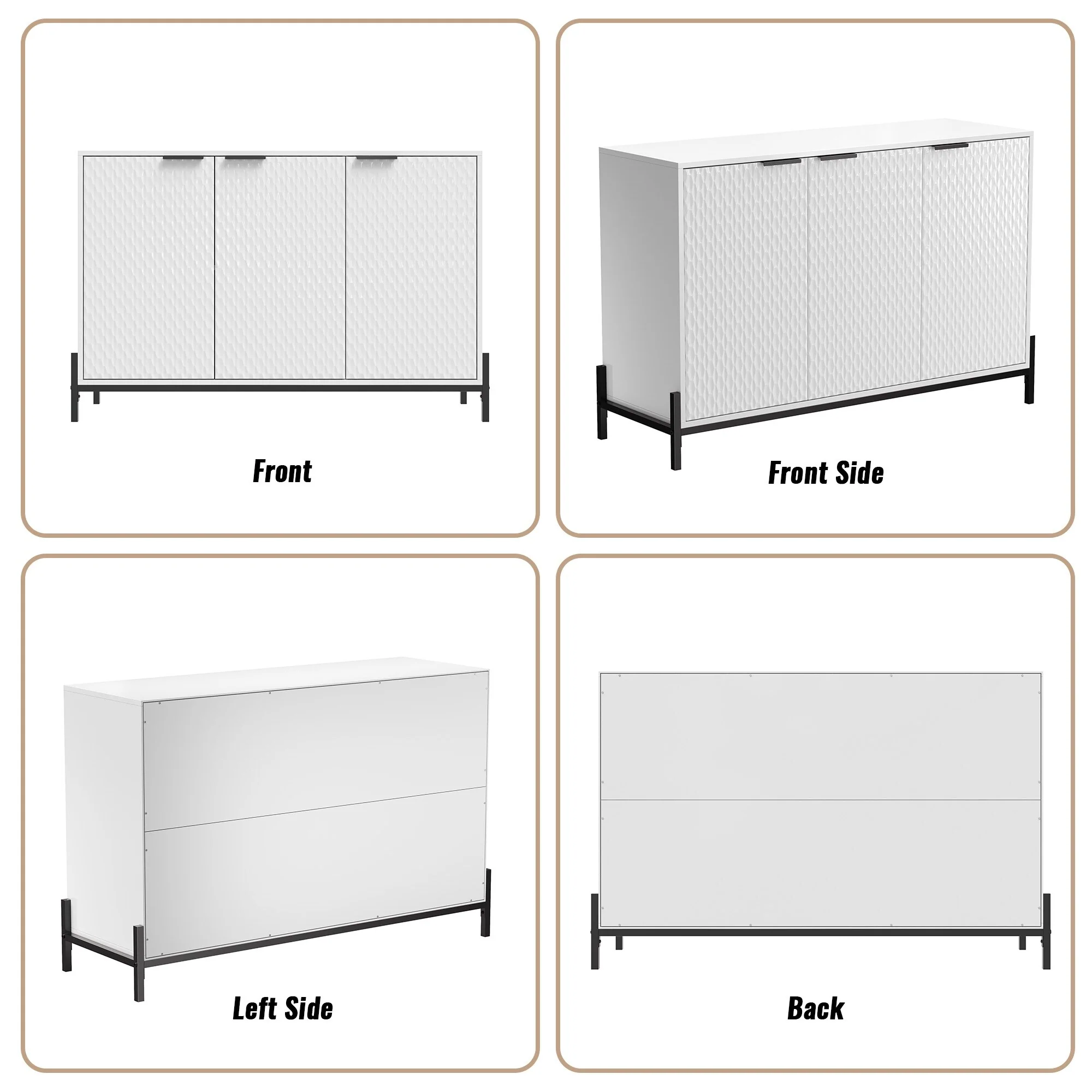 Modern White High Gloss 3-Door Cabinet -Buffet Sideboard with Powder Coated Metal Feet