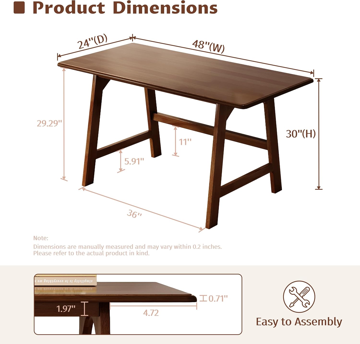 IOTXY Solid Wood Writing Table - 48 W x 24 D Minimalist Computer Desk for Home Office, Work, Study, Creativity, and PC Workstation, Walnut