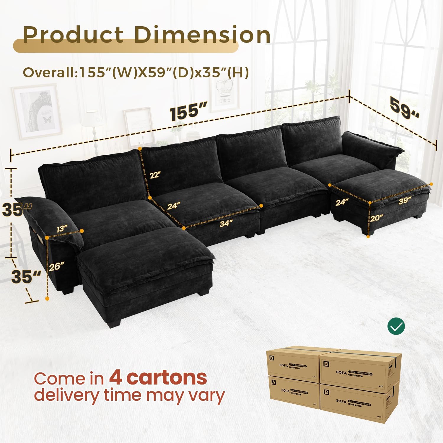 KKL U-Shaped Modular Sectional Sofa, 6 Seater Cloud Couch with Ottoman, Chenille Sectional Couches for Living Room, Apartment, Black