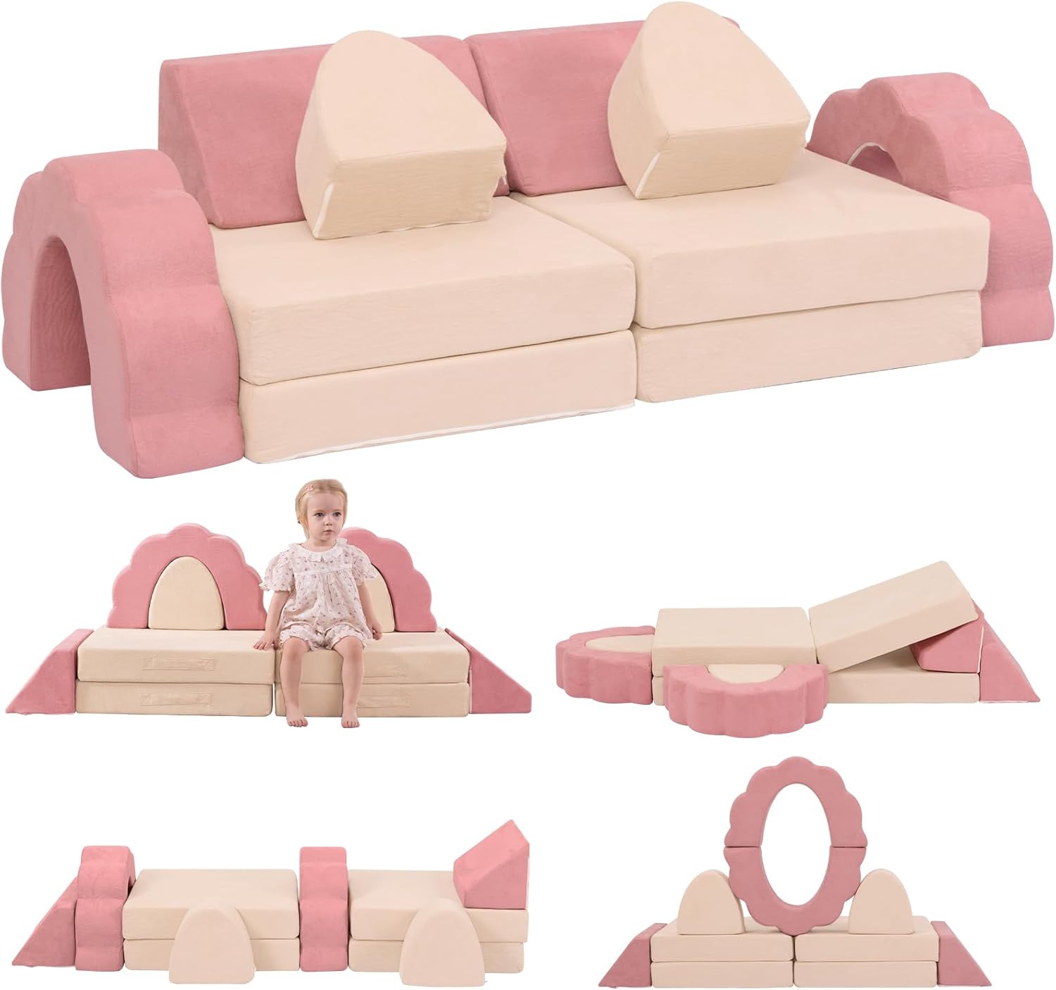 10-Piece Mini Kids Play Couch, Modular Flower Foam Sofa for Toddlers, Convertible Soft Play Sofa with Washable Cover, Indoor Climbing Furniture for Nursery & Playroom, Pink & Beige