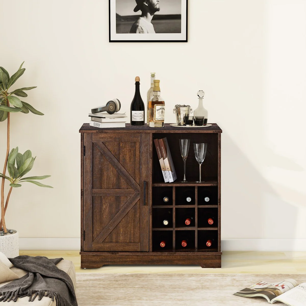 Barn Door Buffet Bar Cabinet with Wine Rack Sideboard Cabinet