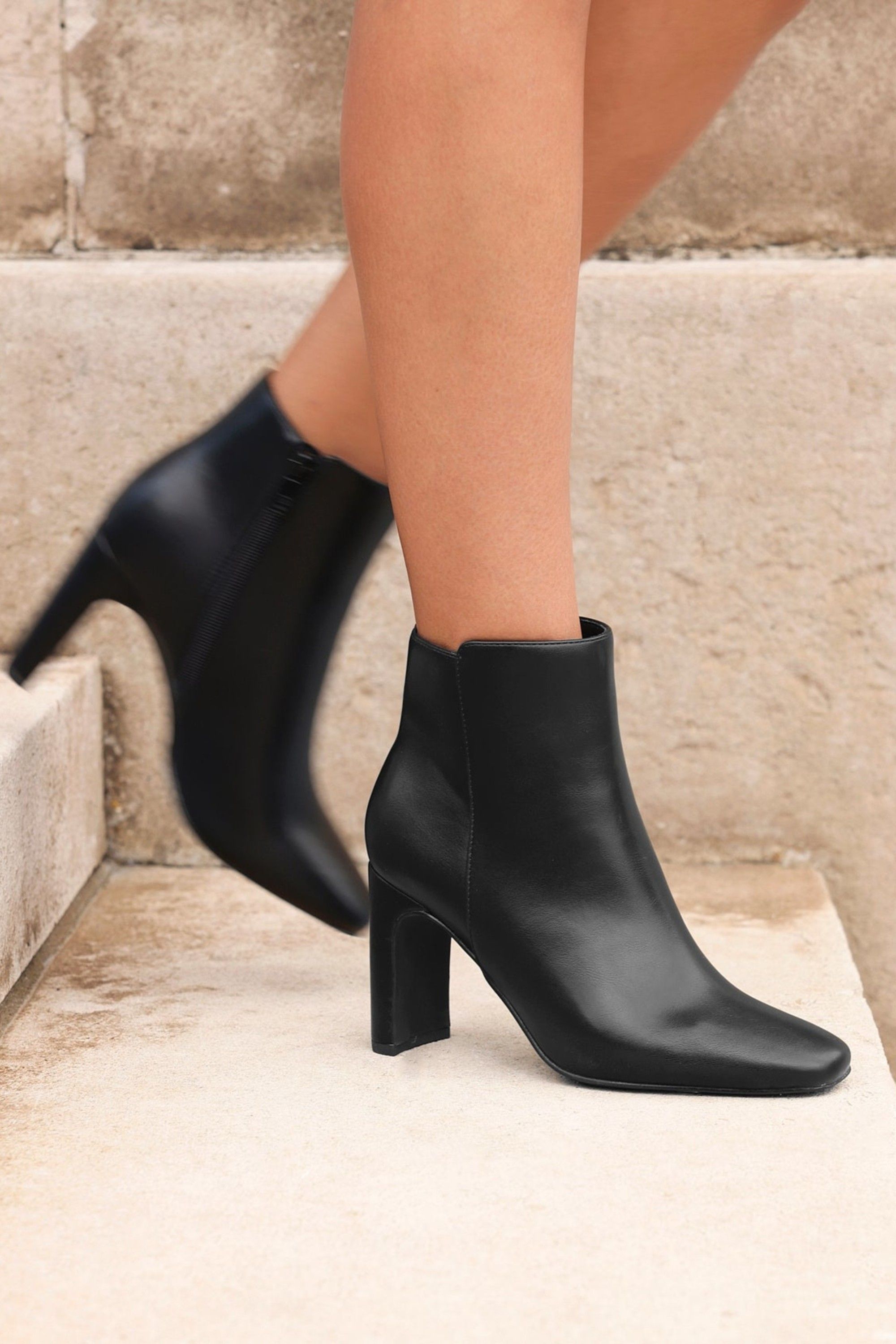 Linzi Glance Black Faux Leather Block Heel Ankle Boot