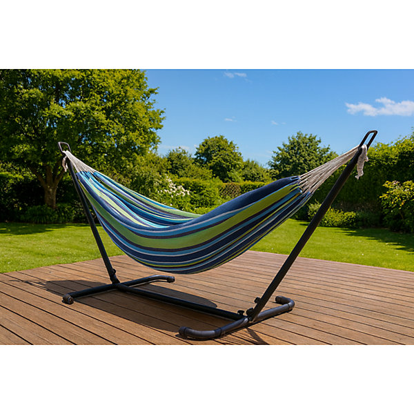 Hamac sur pied 2,6 m avec toile en polyester bleu et vert COPACABANA