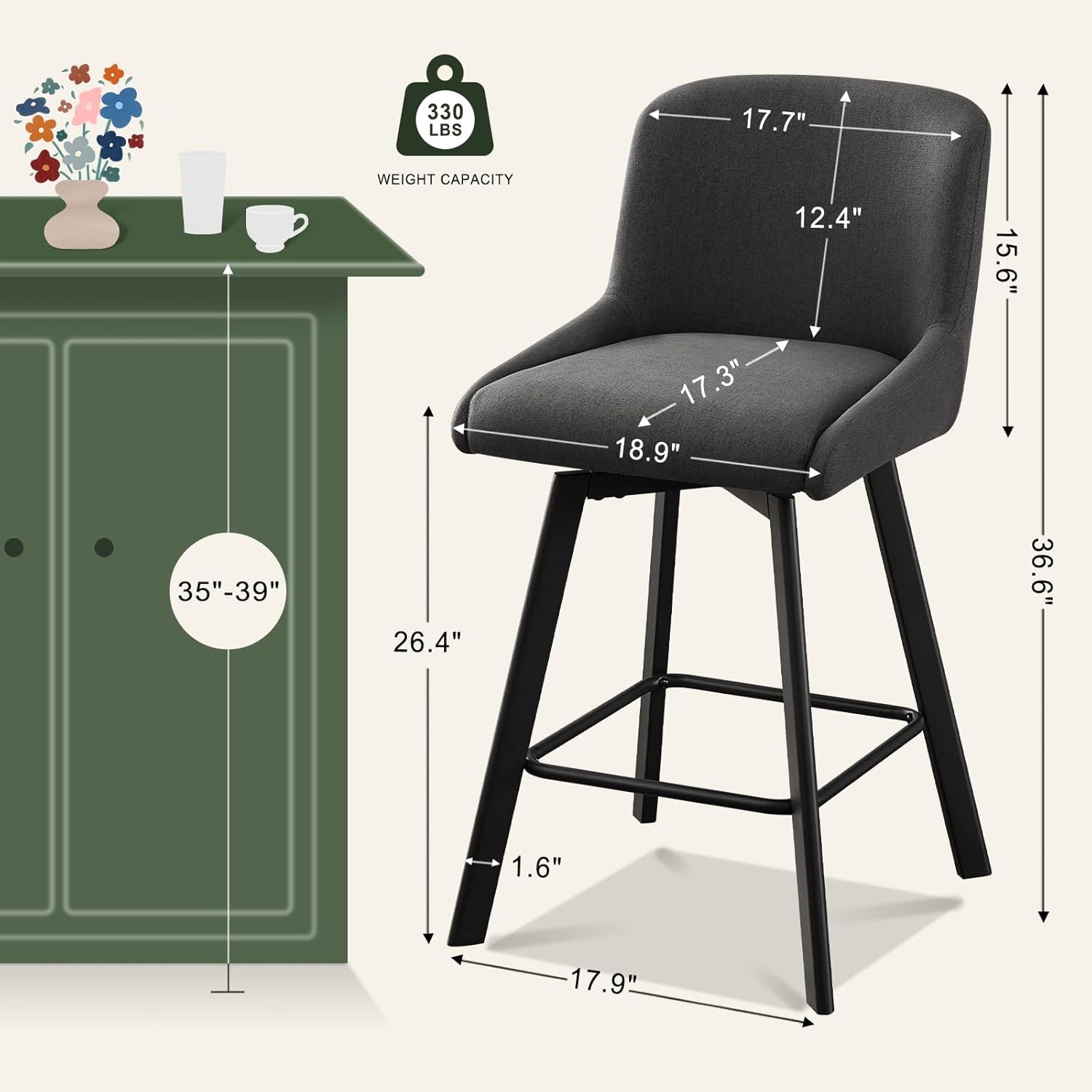 Swivel Counter Height Bar Stools Set of 4, 26''H Upholstered Barstools with Backs, Modern Bar Stool Chairs for Kitchen Island, Metal Legs, Fabric, Black Grey Stools Counter Chair