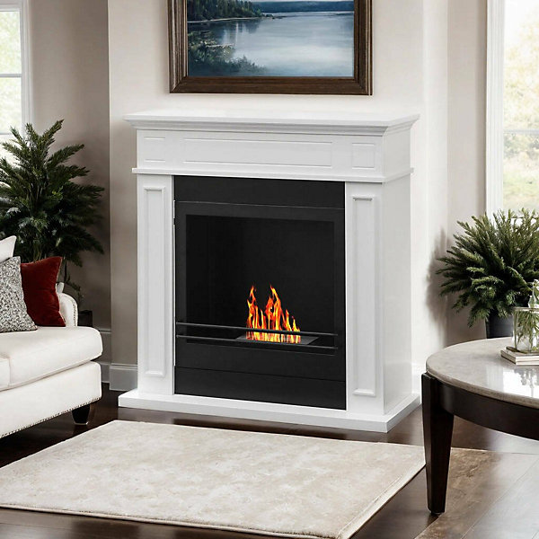 Cheminée à bioéthanol Fuego, Foyer sans fumée, 91x28 h90 cm, Blanc