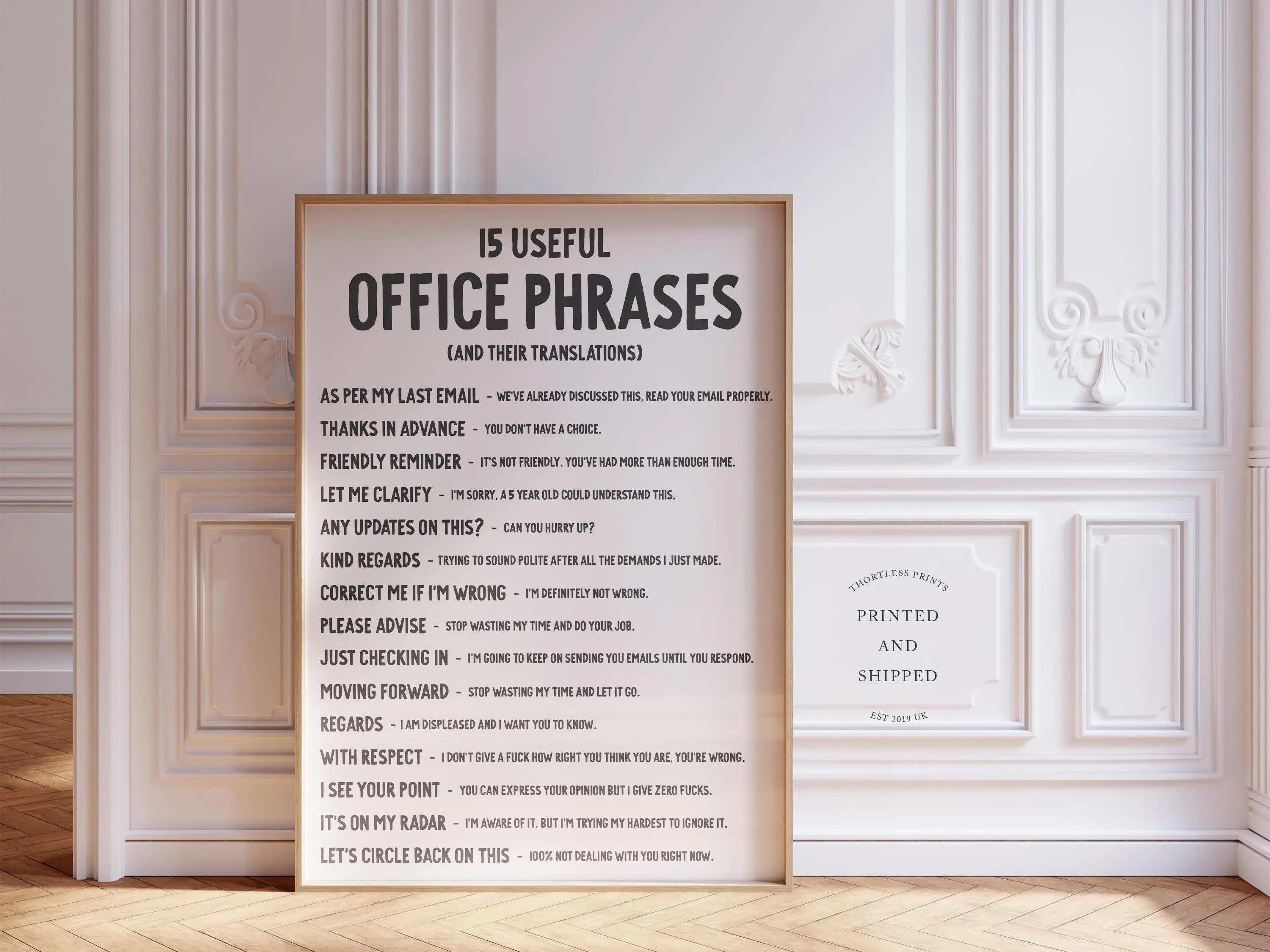 Office Email Phrases Print | Passive Aggressive Humour | Black & Cream | Wall Art | Unframed