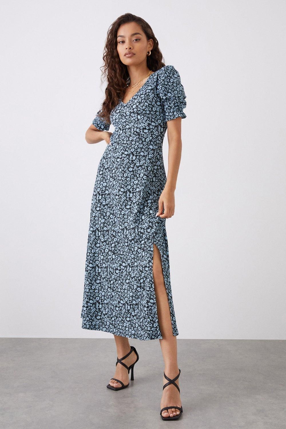 Dorothy Perkins Petite Blue Floral V Neck Jersey Midi Dress