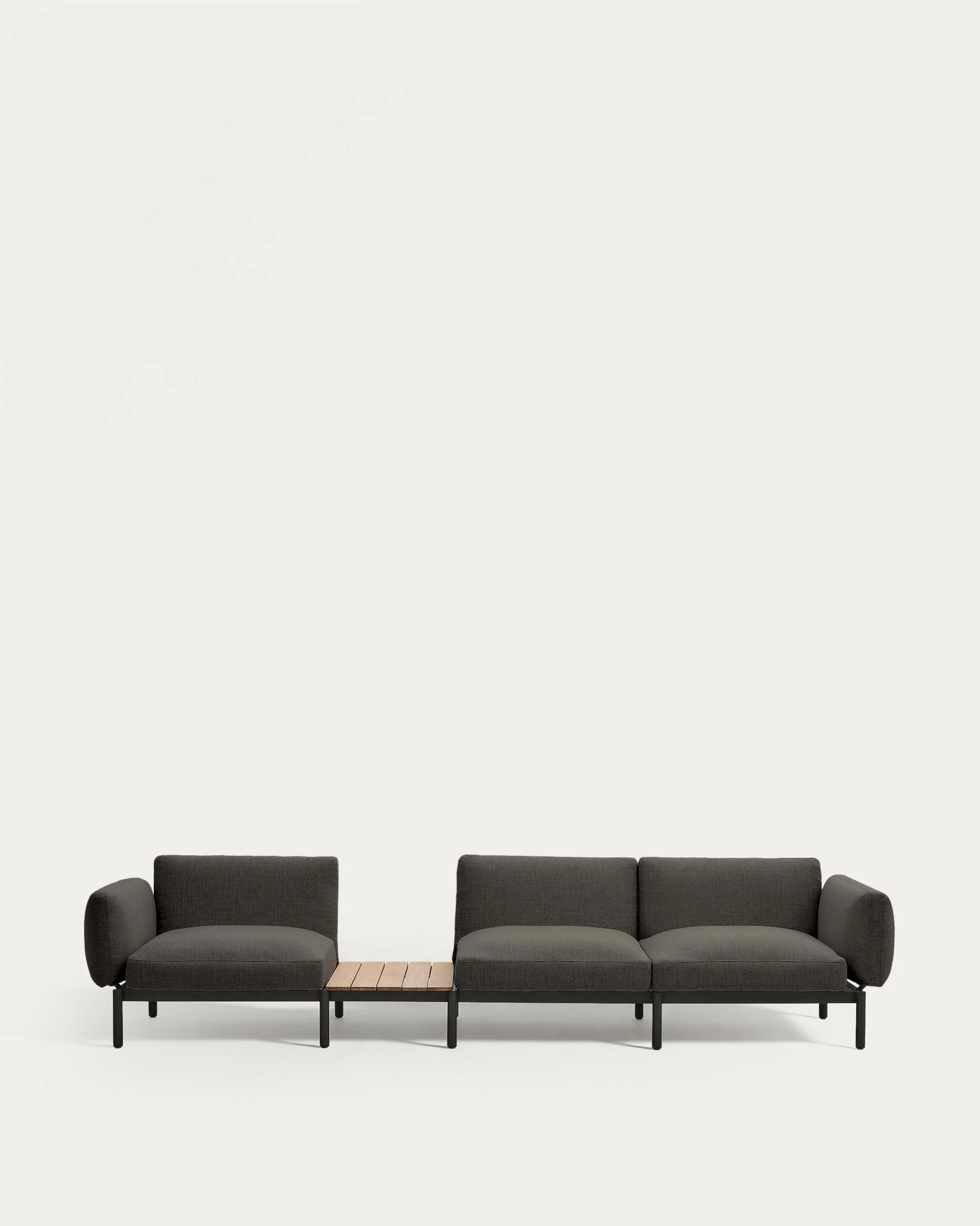 Sorells outdoor modular 3-seater sofa with grey upholstery and grey aluminium with teak table 341 x 113cm FSC 100%