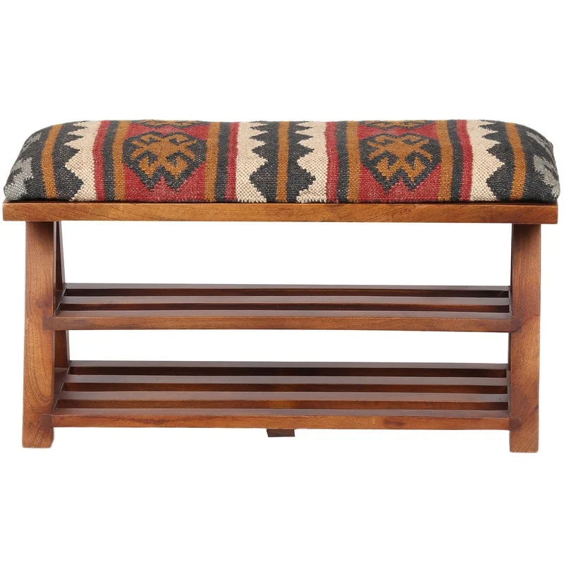 HERAT ORIENTAL Handmade Kilim Upholstered Wooden Storage Bench - 30 W x 12.5 L x 16 H