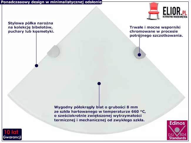 Półka narożna z białego szkła - Zereon