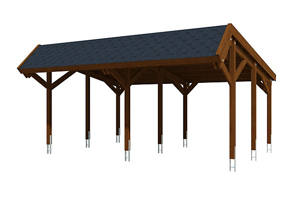 Carport SKAN HOLZ Harz 624x560cm, avec bardeaux noirs, bois résineux imprégné, traitement coloré noyer