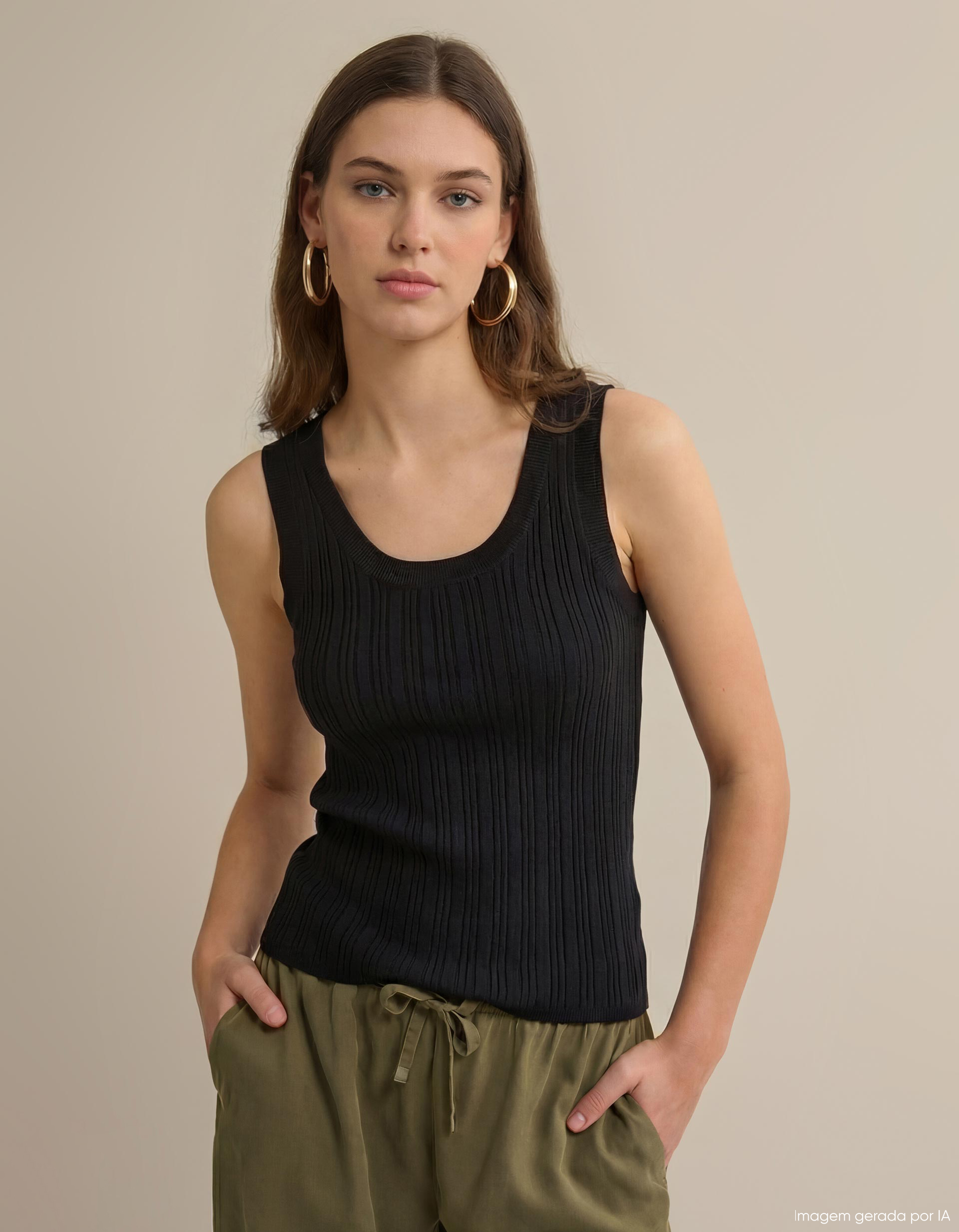 Top de Malha Canelada, Mulher, Preto
