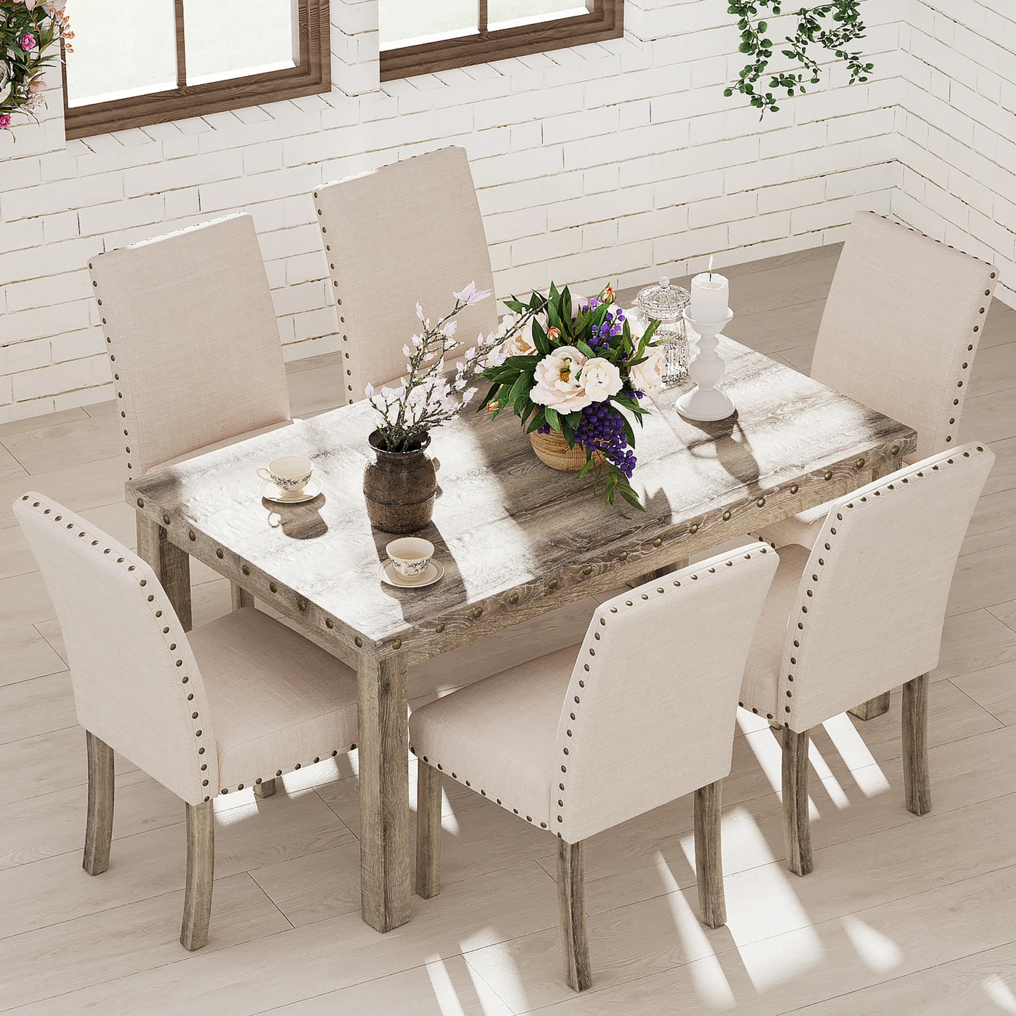 Morden Fort Farmhouse Dining Table Set Rectangular Chair 7-piece