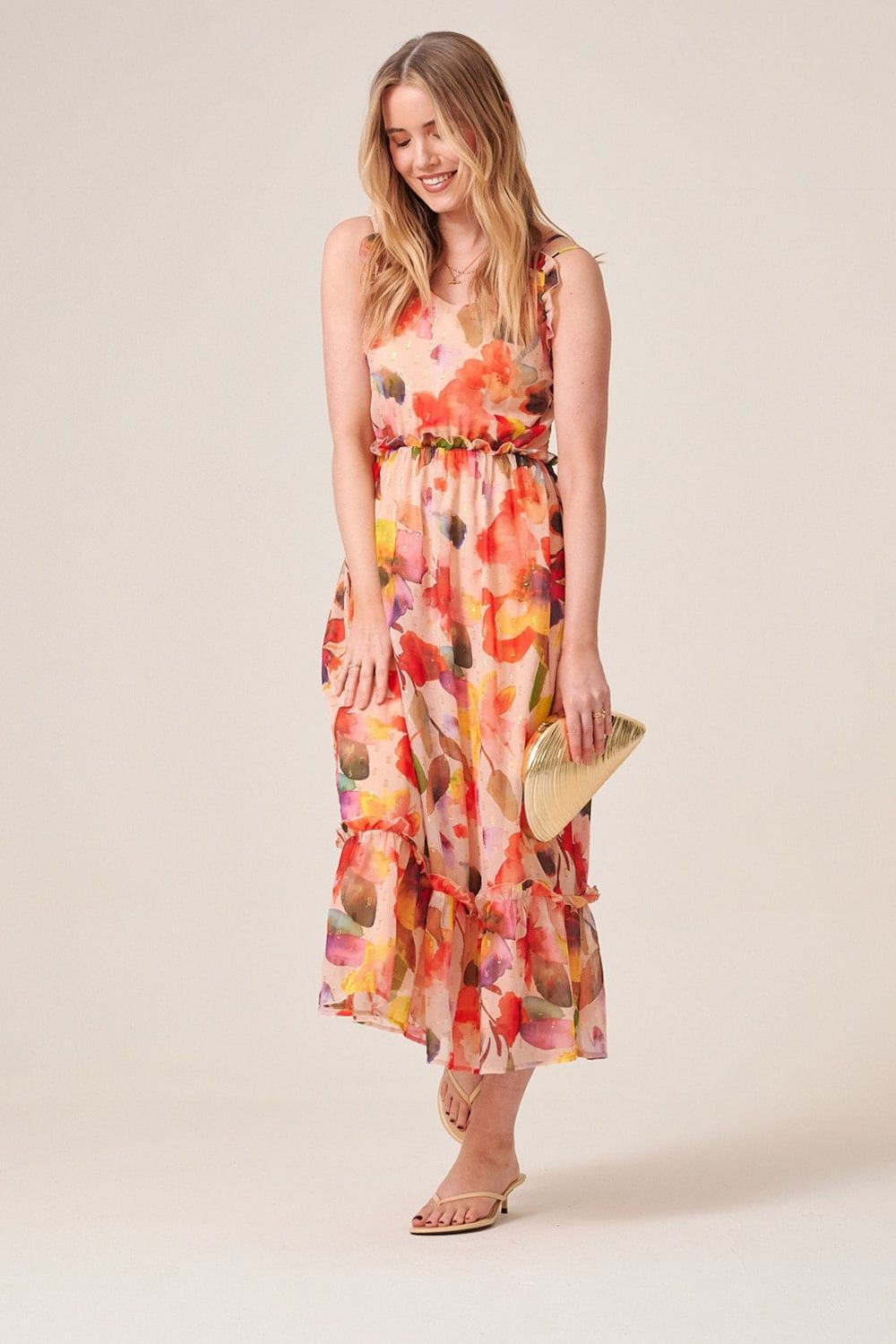 Klass. Bold Floral Shimmer Print Strappy Midaxi Dress