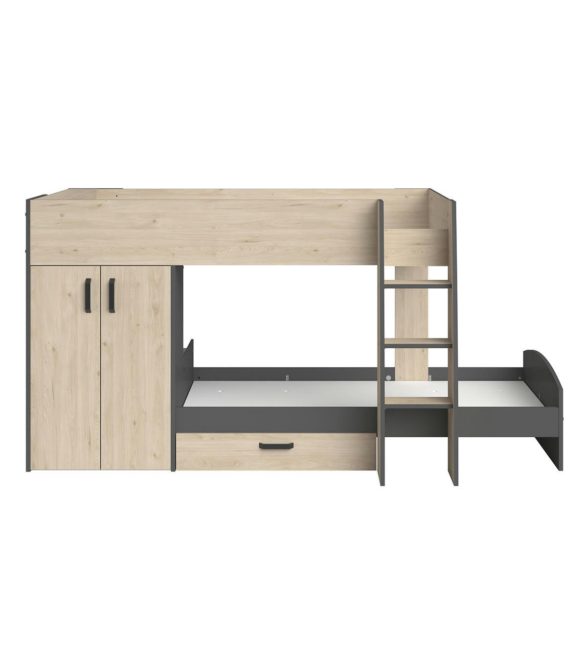 KURT - Lits superposés décor chêne et gris avec rangements - 90x200 cm