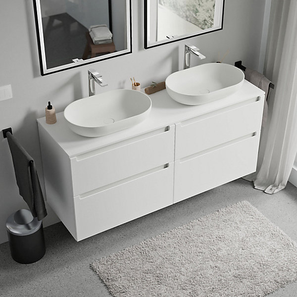 Meuble sous vasque suspendu MDF Blanc mat, plan vasque Blanc mat, tiroirs pivotants - 140x46x62cm - VIREO