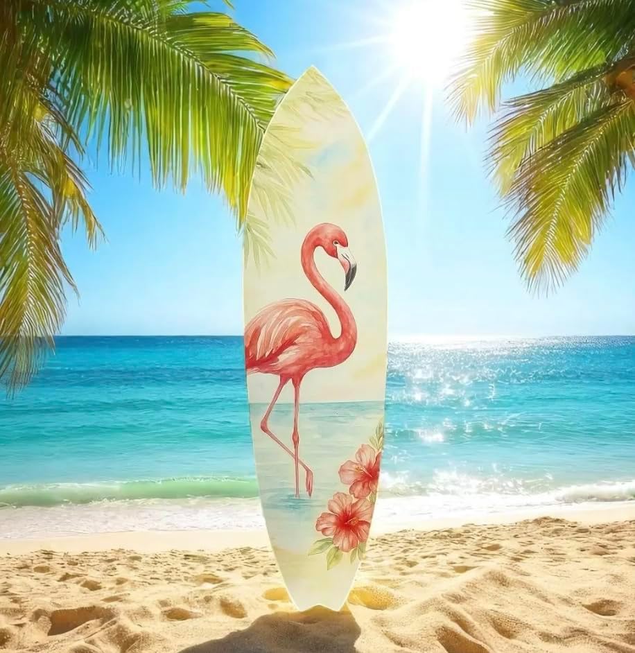JennyGems Flamingo Surfboard Wall Art Tropical PVC Beach House Decor, Coastal Flamingo Sign for Porch or Patio, Outdoor Weatherproof, 3 Foot