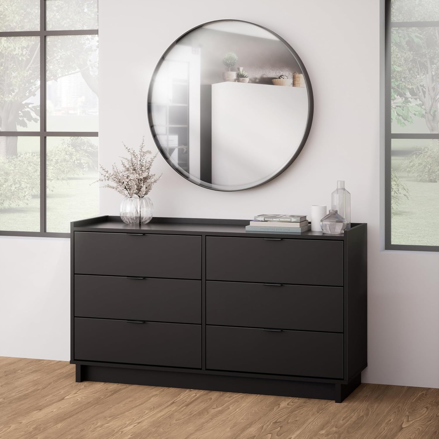 Prepac Simply Modern 6-Drawer Double Dresser for Bedroom, Chest of Drawers, Modern Bedroom Furniture, 52.5” wide x 16” deep x 29.5” tall, Black