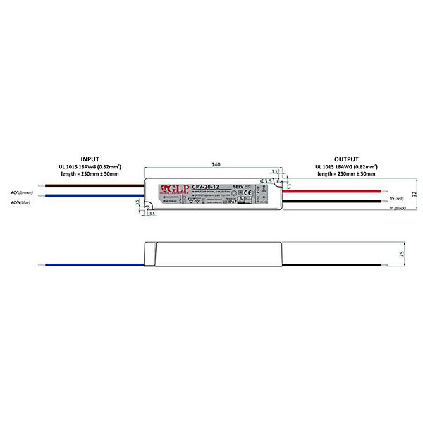 Alimentation LED DC12V 20W 2A étanche IP67 GLP