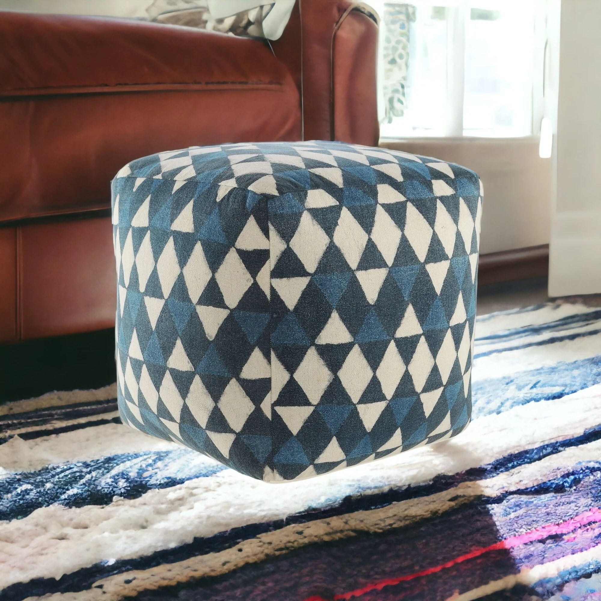 Blue Geometric Pouf Ottoman 20 Cotton Footrest for Modern Living Room and Home Seating