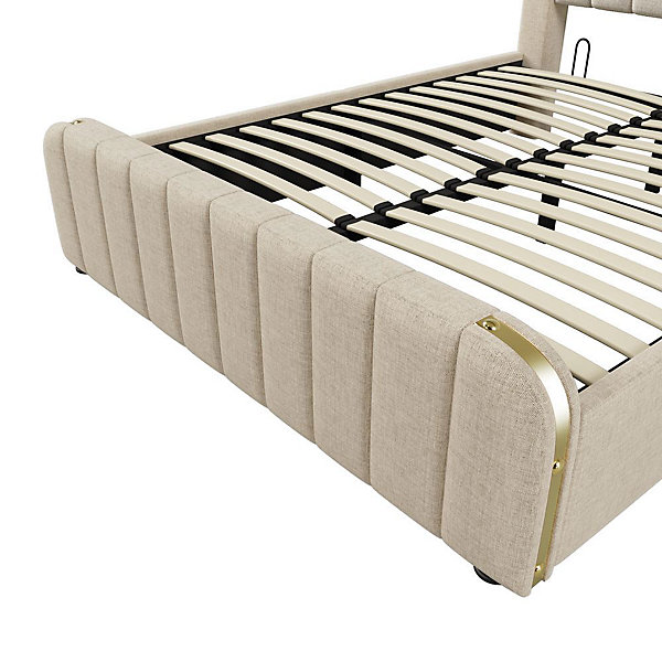 Lit Coffre Double 140x200cm Rembourré Usb-C Lin Beige Blackcolors