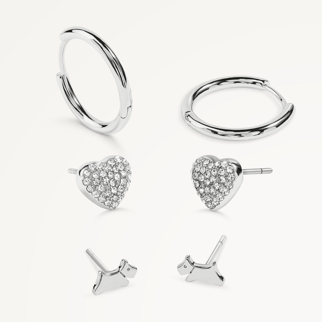 HEART STREET HEART & HUGGIE TRIPLE PACK EAR SILVER
