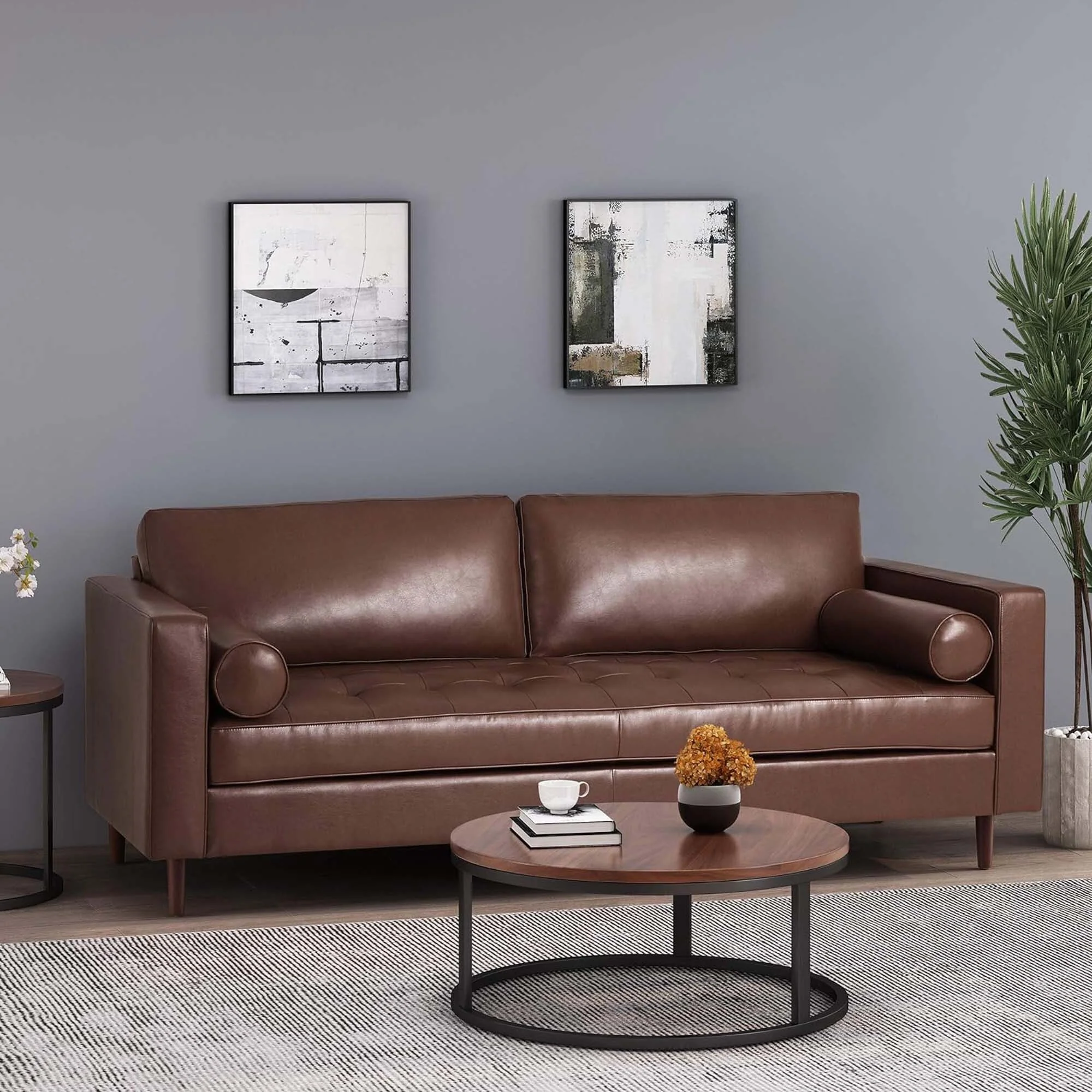 Modern 82.25 Faux Leather 3-Seater Sofa with Wood Legs