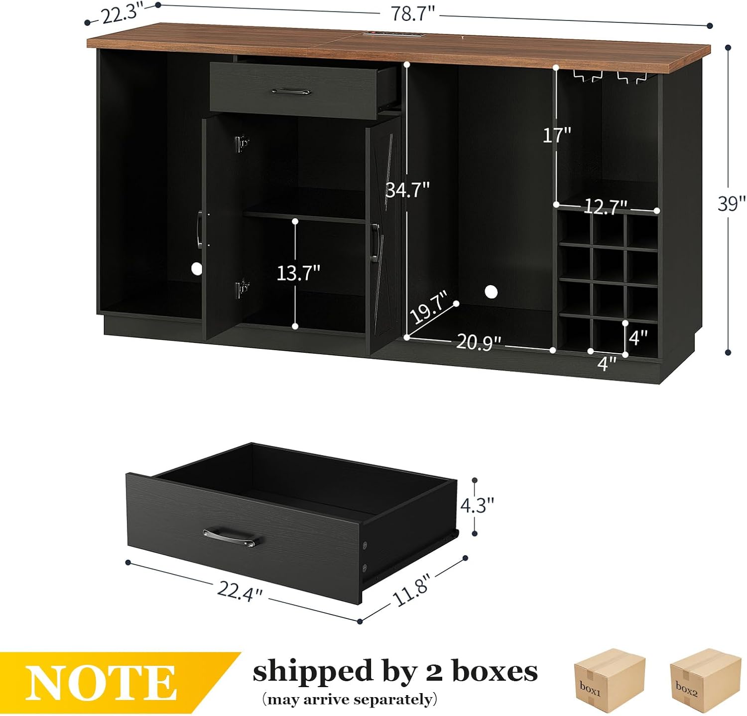 78.74 Large Coffee Bar Cabinet with Fridge Space, Mini Fridge Cabinet with Storage, Liquor Cabinet with Wine Rack Glass Holder Power Outlets for Living Room, Kitchen, Black KTSR003B