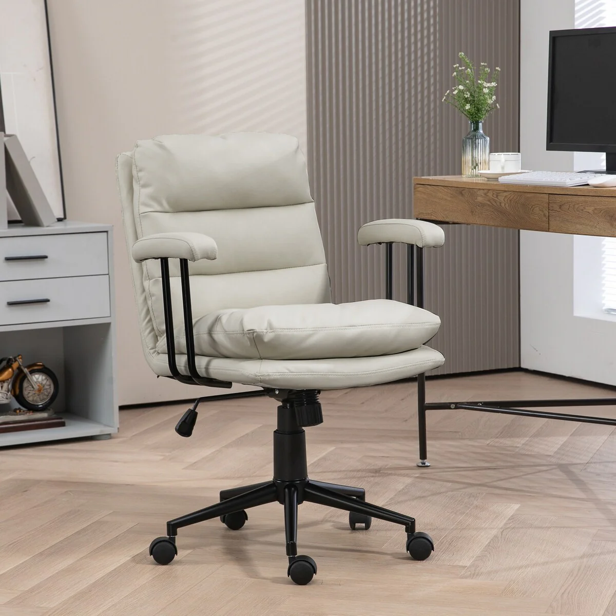HOMCOM PU Leather Office Chair, Office Desk Chair, Task Computer Chair with Swivel Wheels, Adjustable Height, Double-tier Padded