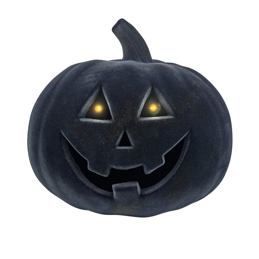 Citrouille Halloween LED floquée effet velours orange ou noire H21cm