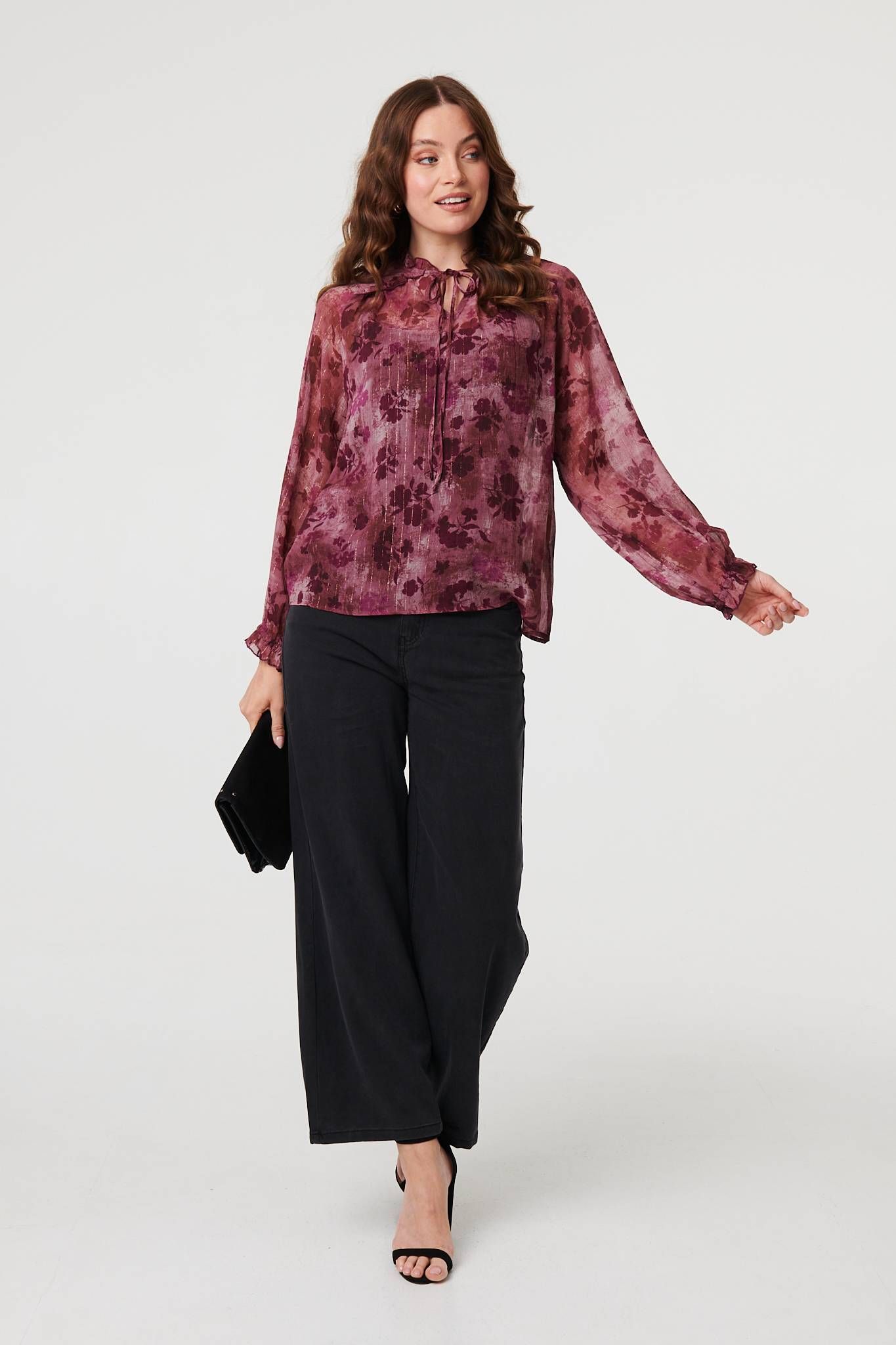 Izabel London Floral Semi Sheer Tie Neck Blouse