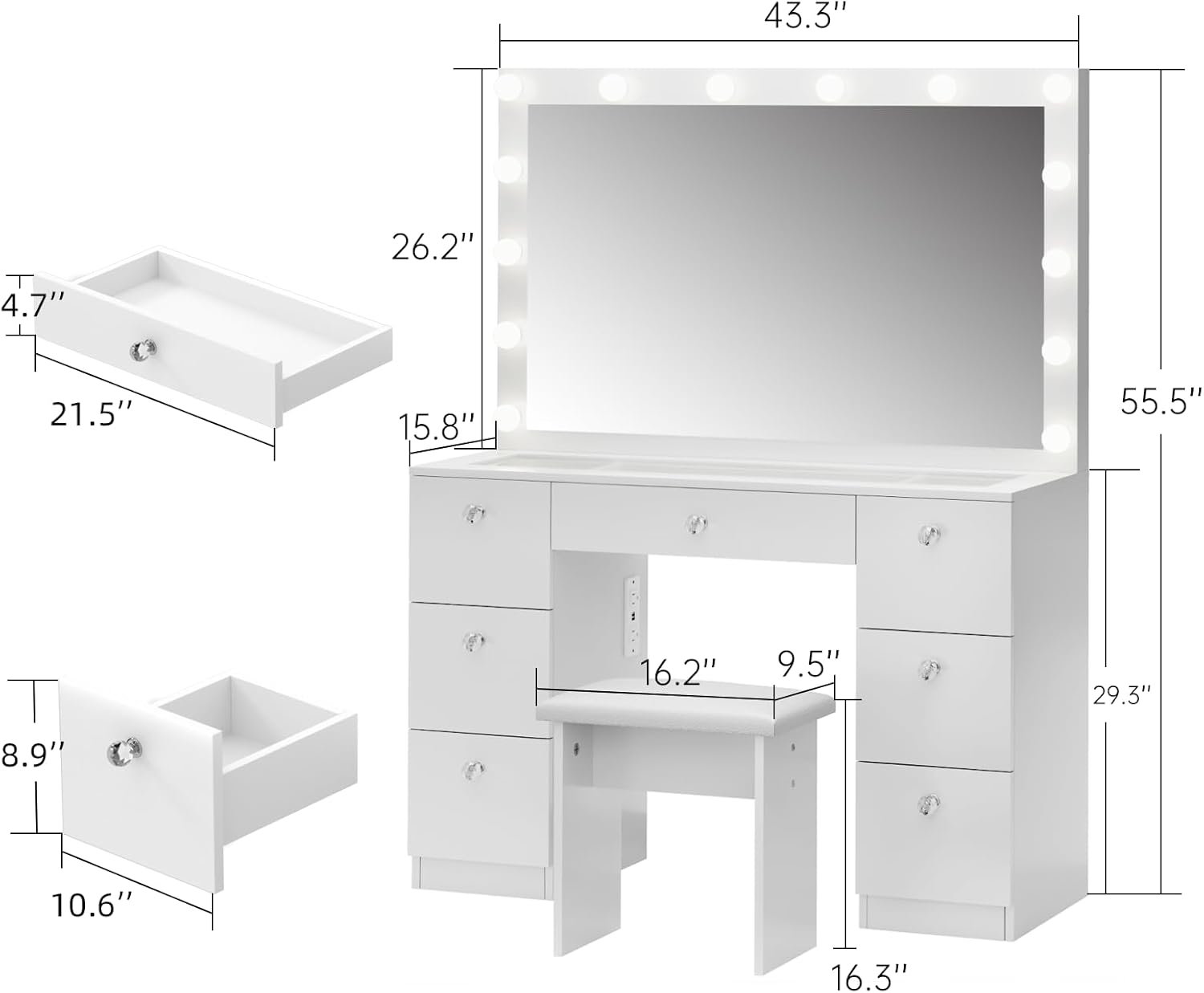 VOWNER Vanity with Lighted Mirror - Makeup Vanity Desk with Glass Top, 7 Drawers and Power Outlet, 3 Color Lighting Modes Adjustable Brightness, 44 Vanity Table with Stool for Women Girls, White