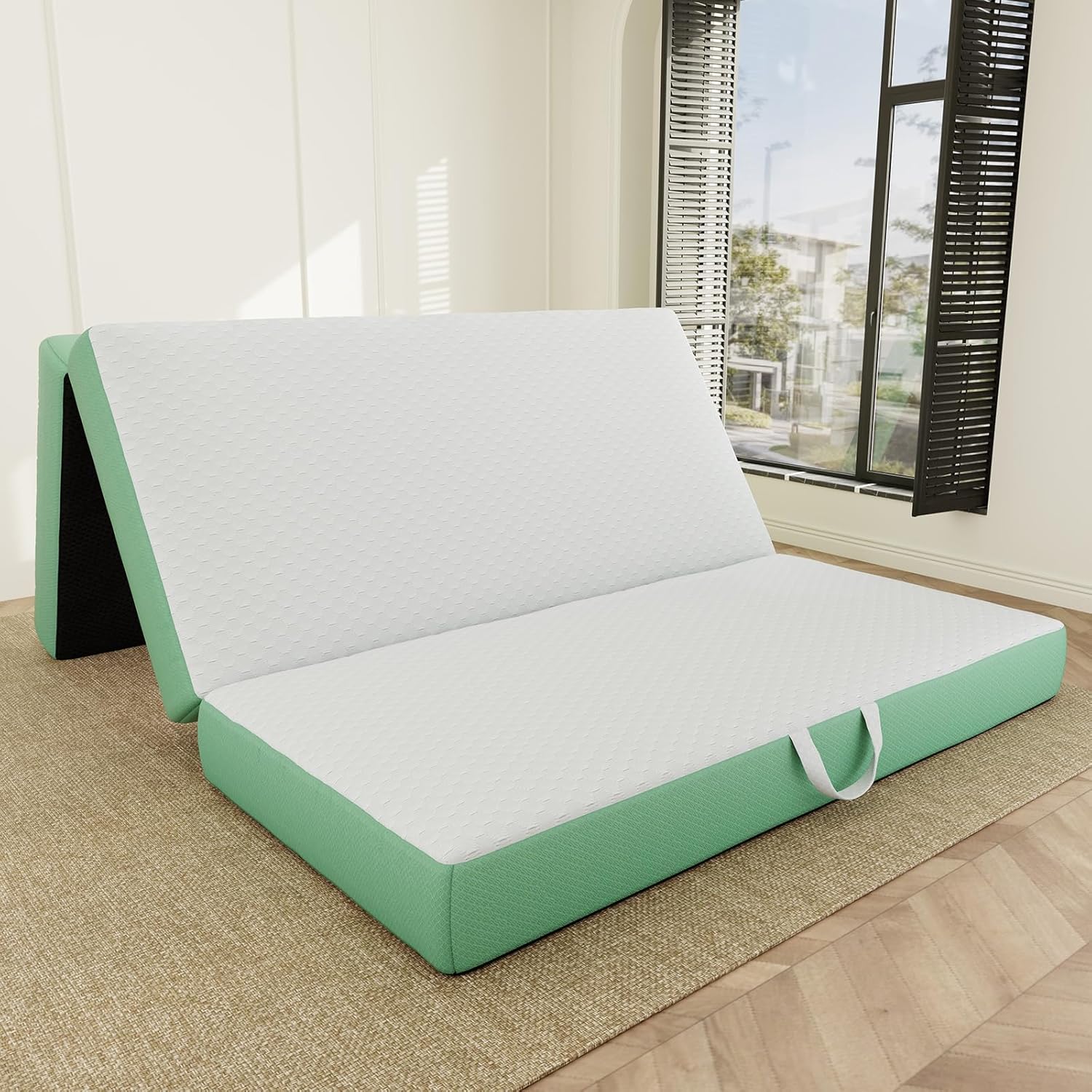 Memory Foam Trifold Mattress, Full Portable Floor Bed 6 Inch, Foldable Mat with Washable Cover, Handle & Non-Slip Bottom, for RV, Travel, Camping, Yoga, 73x52x6, White Green