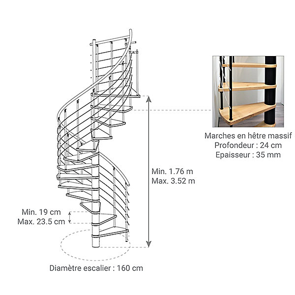 Escalier colimaçon 14 marches - Diamètre 160cm - Hauteur à franchir 2.75 à 3.29m - Structure grise et marche hêtre - VENE160/GH-14