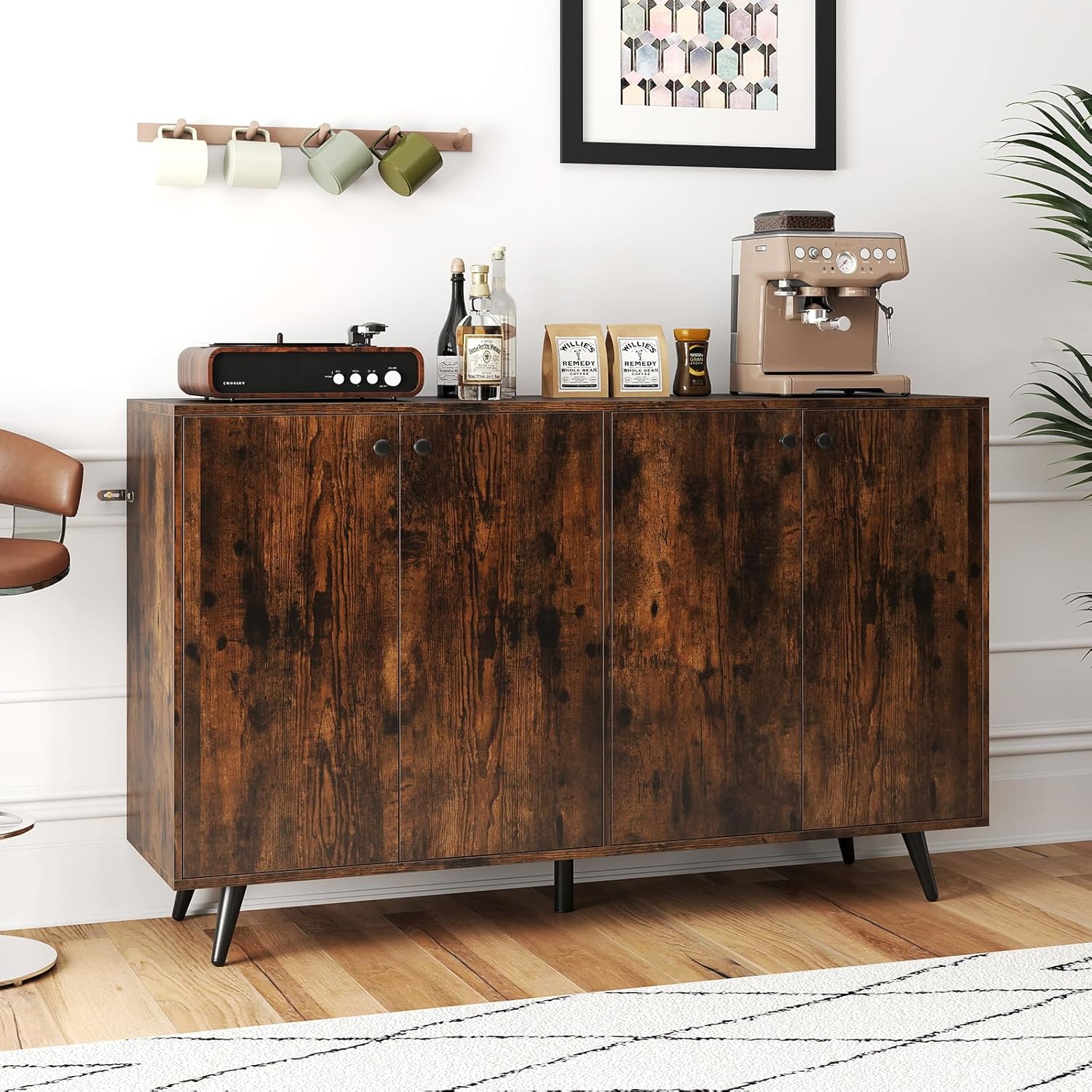 Giantex Sideboard Buffet Cabinet, 50’’ Accent Kitchen Storage Cabinet with 4-Door & 5-Position Adjustable Shelves, Modern Sideboard with 5 Legs, Buffet Table for Coffee Bar, Living Room, Rustic Brown