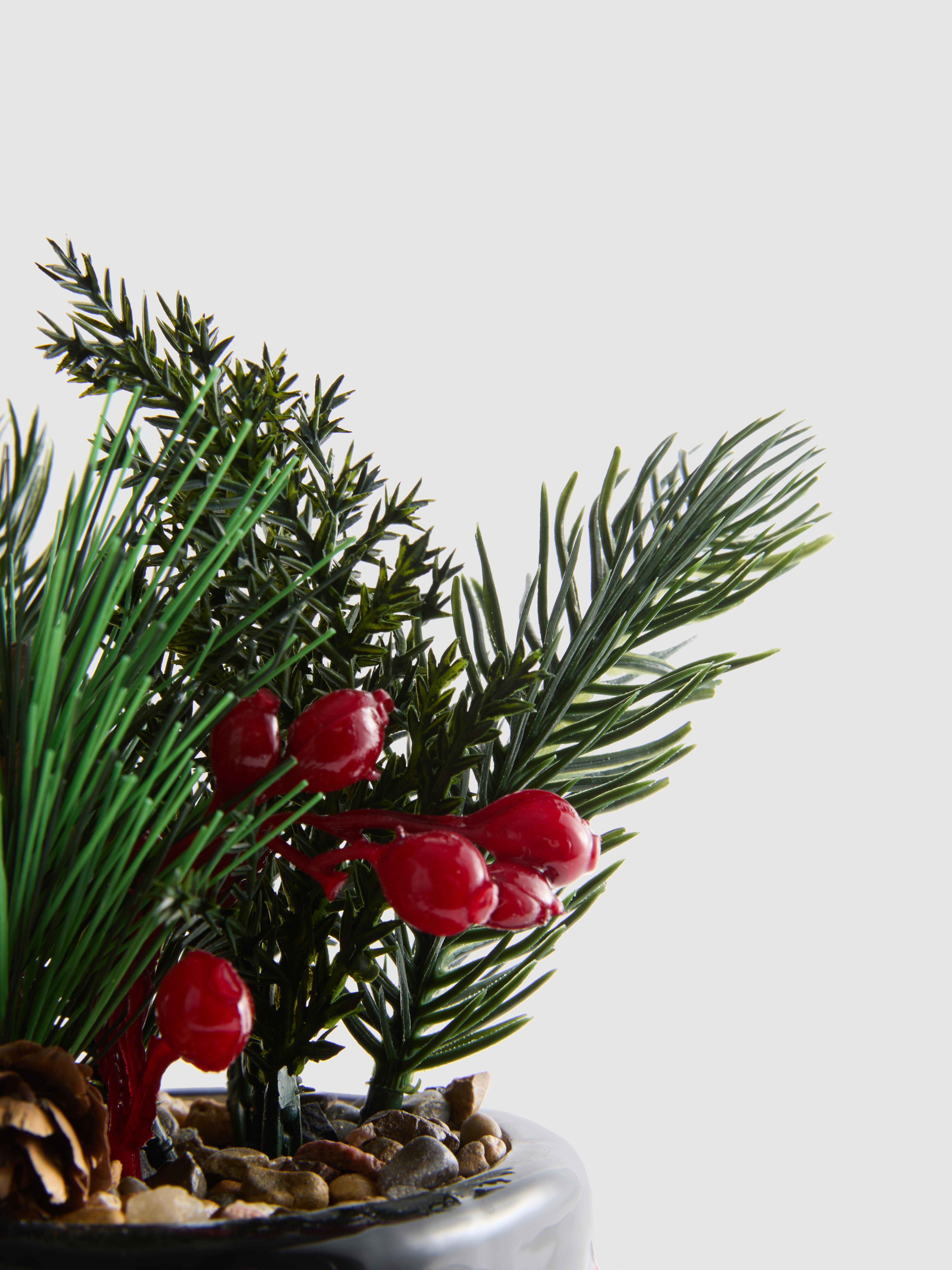 Faux Pine Sprig And Berries In Snowman Pot