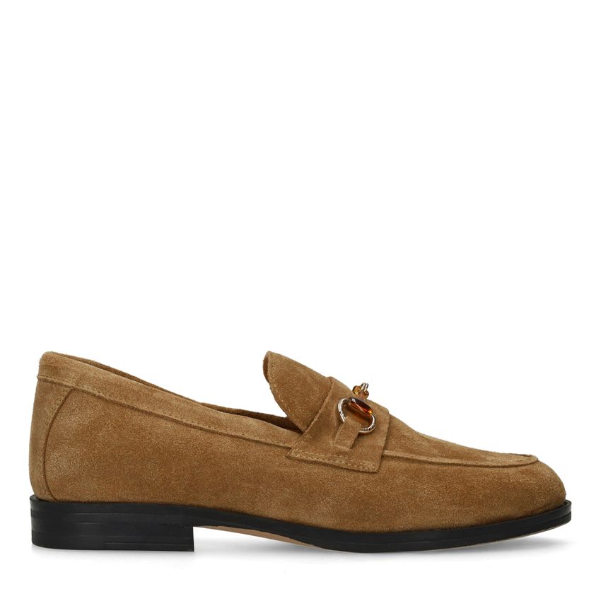 Bruine suède loafers met goudkleurig detail