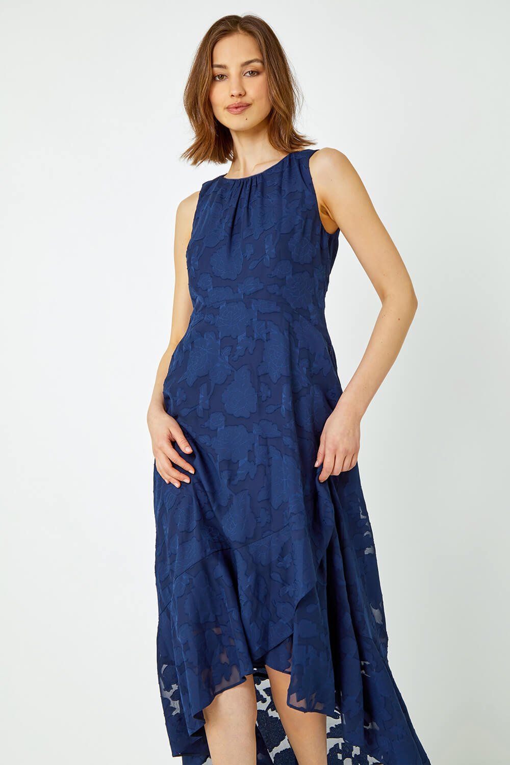 Roman Sleeveless Jacquard Dipped Hem Midi Dress